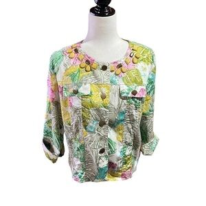Linear Womens Floral Cropped Jacket - Size Large- Beading-Faux Front Pockets